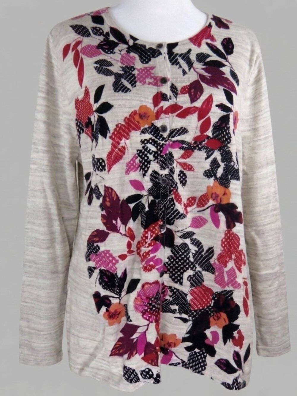 CJ Banks Women's Gray Floral Long-Sleeve Button-Up Sweater Size XL (C2009)